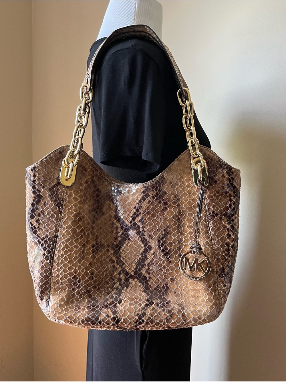 Michael Kors Tan Brown Python-Print Shoulder Bag with Gold Chain Handles